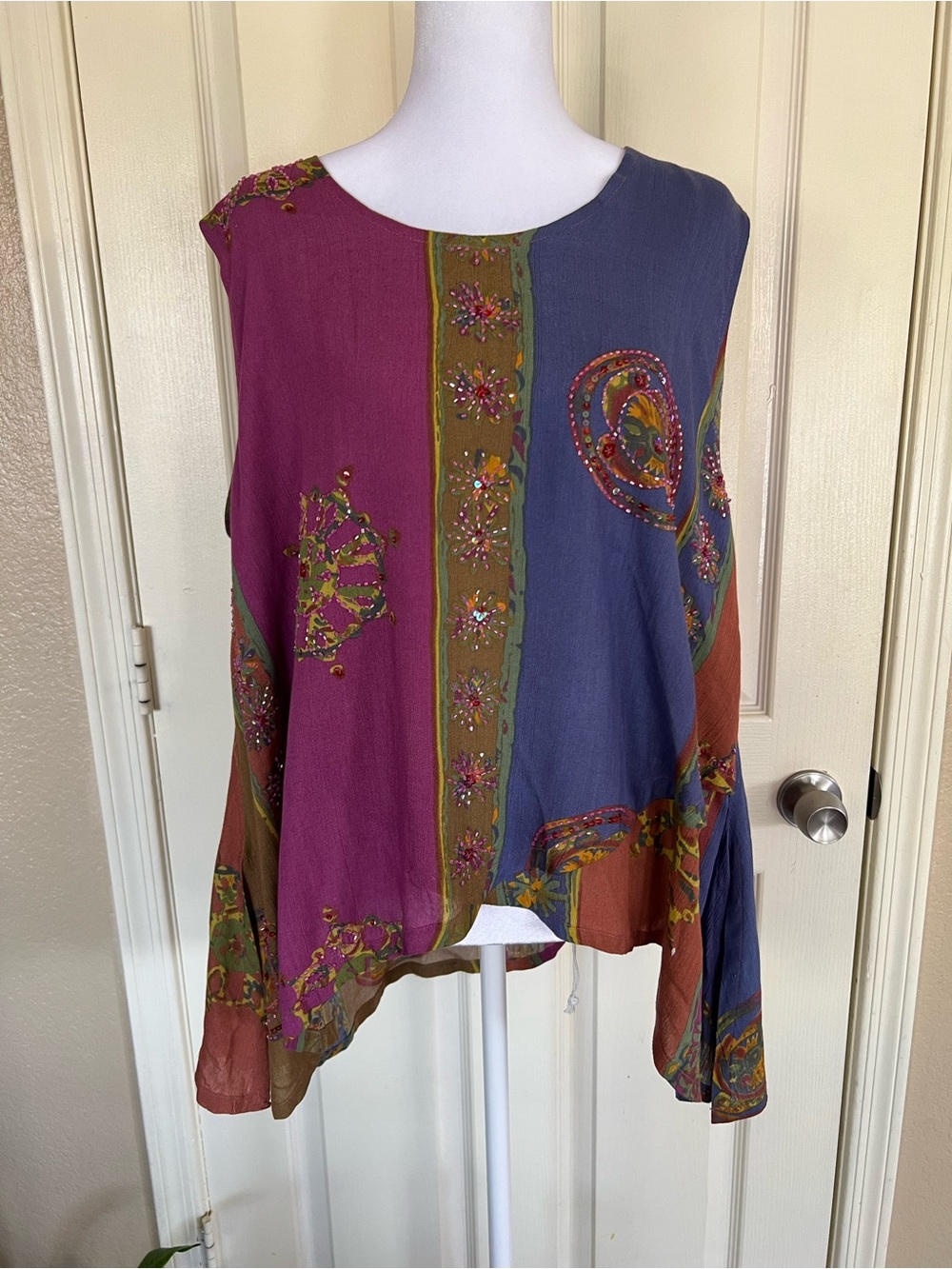 Globe Trotter Vintage Boho Rayon Beaded Patchwork Tunic Top